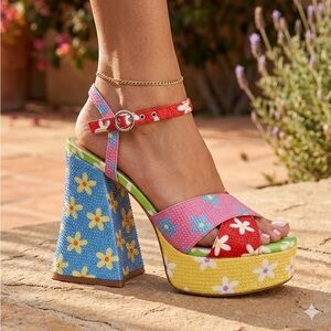 Gianni Bini Gb Ulti-Mate Floral Rainbow Rhinestone Platform Heels Ankle Straps 9